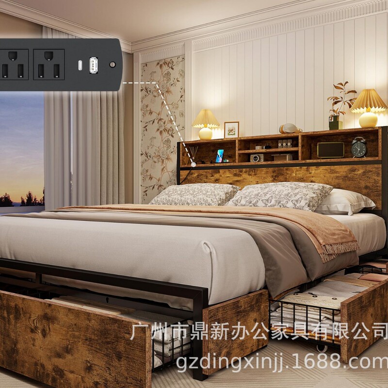 Cross-Border Large-Capacity Storage Iron Frame Bed with Charging Socket, Iron-Wood Double Bed with Storage Drawers, Large Size