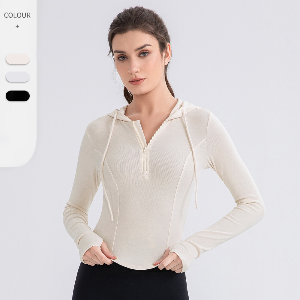 Women's Waistline Hooded Yoga Suit Long-sleeved Slim-fit Fitness Top Running Casual Sports Hoodie 52557
