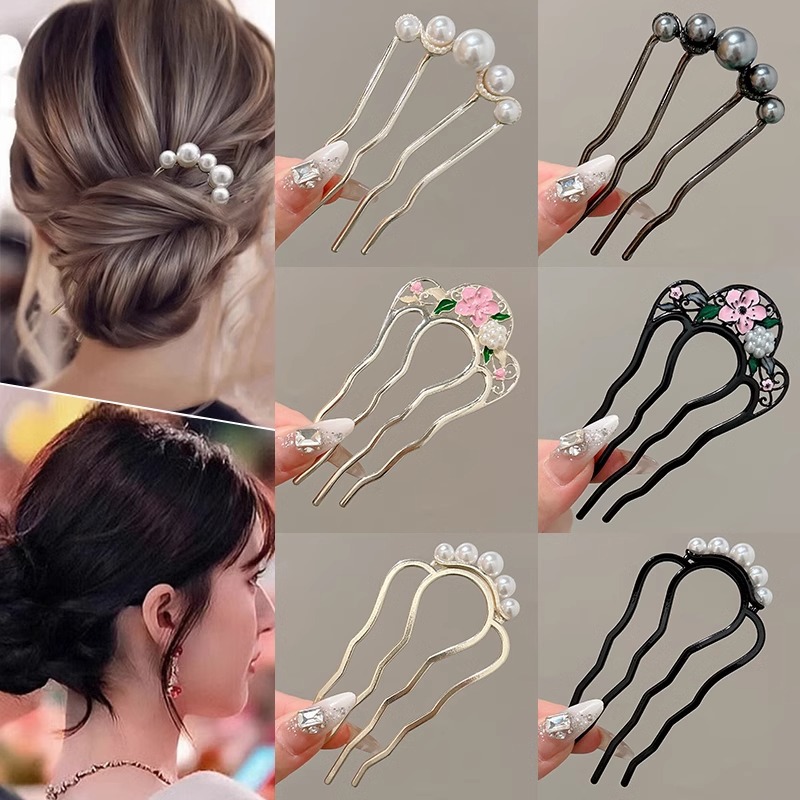 Perla temperamento disco de cabeza detrás de cuatro dientes peine nuevo estilo chino en forma de U pinzas de cabello 2024 nuevo tocado de gama alta