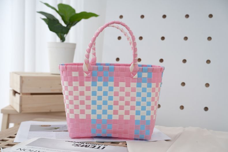 Square Shape Women's Cute Color Block Plaid PVC Shopping Bags