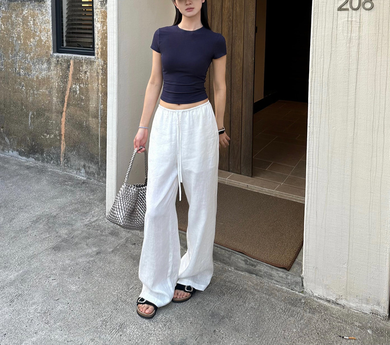 呼吸亚麻裤 1OO亚麻窄腰头抽绳休闲裤阔腿裤宽松长裤女|undefined
