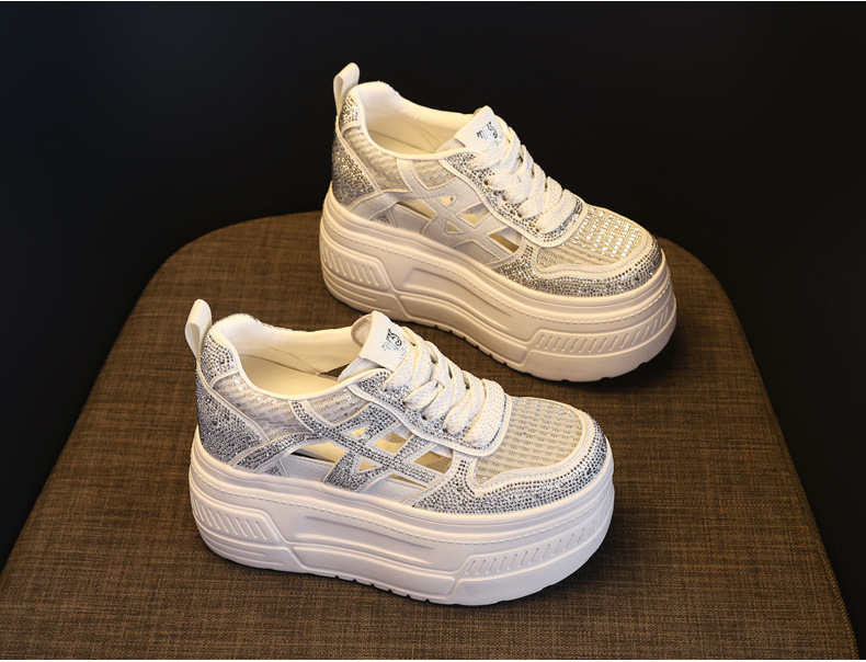Giày sneaker nữ đế dày tăng chiều cao, phối đá rhinestone, lưới thoáng khí — màu trắng chi tiết 5