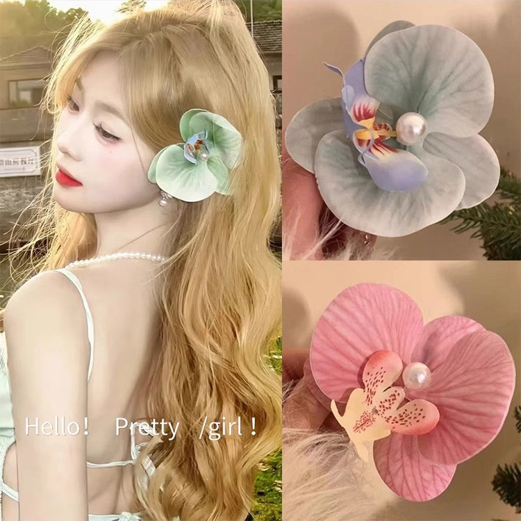 Puramente deseoso de viento colorido primavera orquídea mariposa broca de flores laterales flores simuladas tocado de flores al por mayor acrobacias para el pelo de viajes al mar