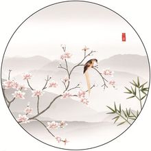 新中式墙上圆形装饰画花鸟客厅卧室书房万能贴纸遮丑自粘画防水