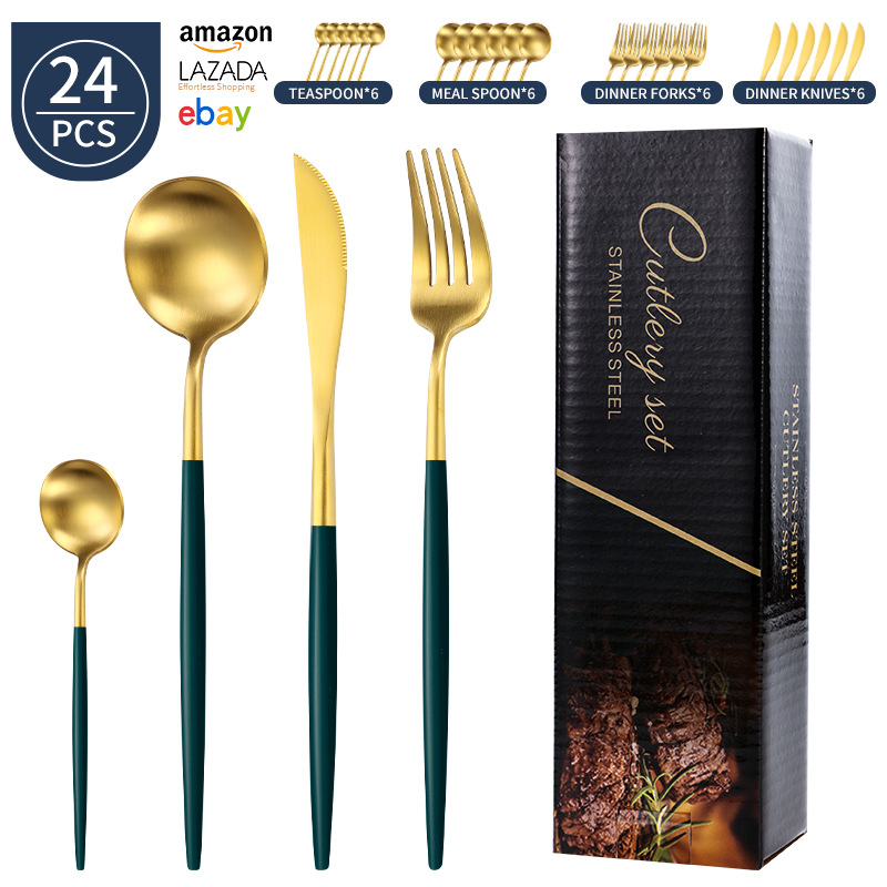 Transfronterizo Amazon mango redondo portugués cuchillo y tenedor cuchara set de platos de acero inoxidable mate cuchillo y tenedor de filete set 24 piezas