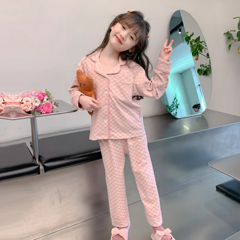 Pijamas de ternilla caliente para niños niñas primavera y otoño invierno set de ropa de casa para niños cuello casual de cuadrícula ropa de casa
