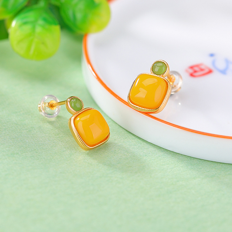 Bông tai bạc S925 hình vuông đính đá ngọc bích và sáp ong phong cách hình học — Một cặp