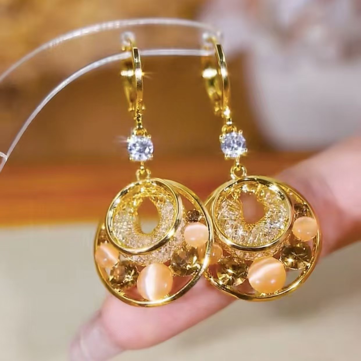Temperament Gold Circle Mesh Earrings - Brown