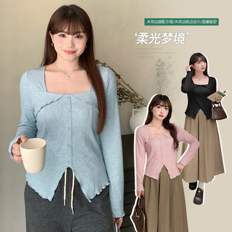 Plus Size Belly-Covering Right Shoulder Square Collar Asymmetrical Long-Sleeved T-Shirt for Women in Autum Fat mm Slimming Look Inner Layering Shirt 63509