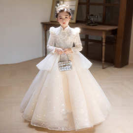 女童走秀礼服香槟色重工长袖生日公主裙儿童轻奢宴会钢琴演出服