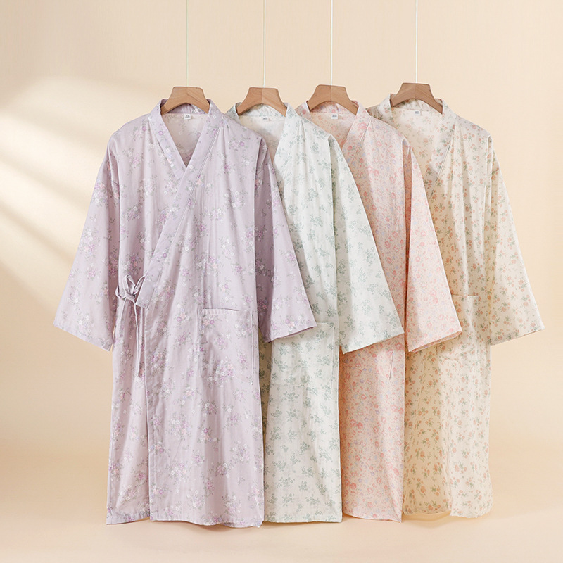 Pure Cotton Nightgown for Women, Gauze Floral Pattern, Skin-Friendly, Absorbent Bathrobe, Home Leisure, Wholesale, Supports Dropshipping
