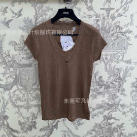 南油女装D家夏季新款焦糖色U领短袖针织衫上衣修身显瘦百搭