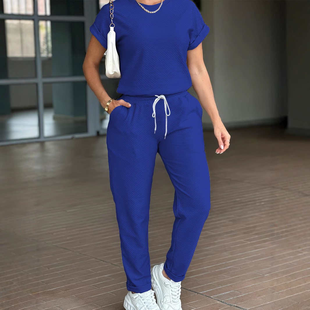 Spring Summer Women's Solid Color Sports Suit Casual Comfortable Style High Waisted Drawstring Top Versatile Short Sleeve_ecoleips.com