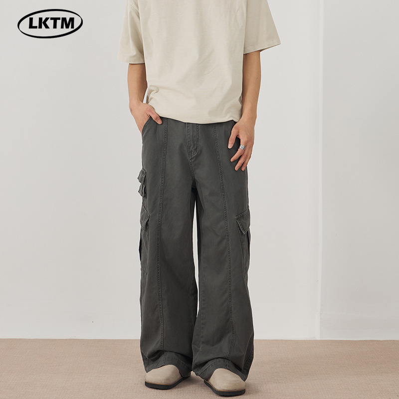 LKTM Men's# American Retro High Street Side Pocket Crane Pants Men's Deconstruction Design Sense Wide Leg Long Pants