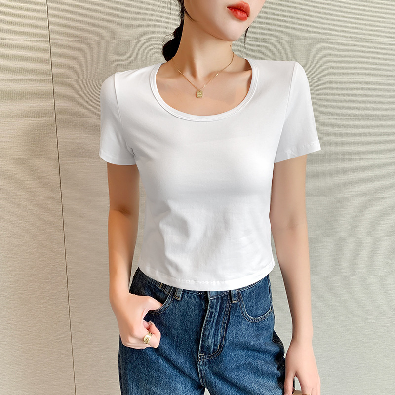 秀衫衫源头工厂短袖t恤女圆领露脐短款修身紧身打衫夏季新款上衣