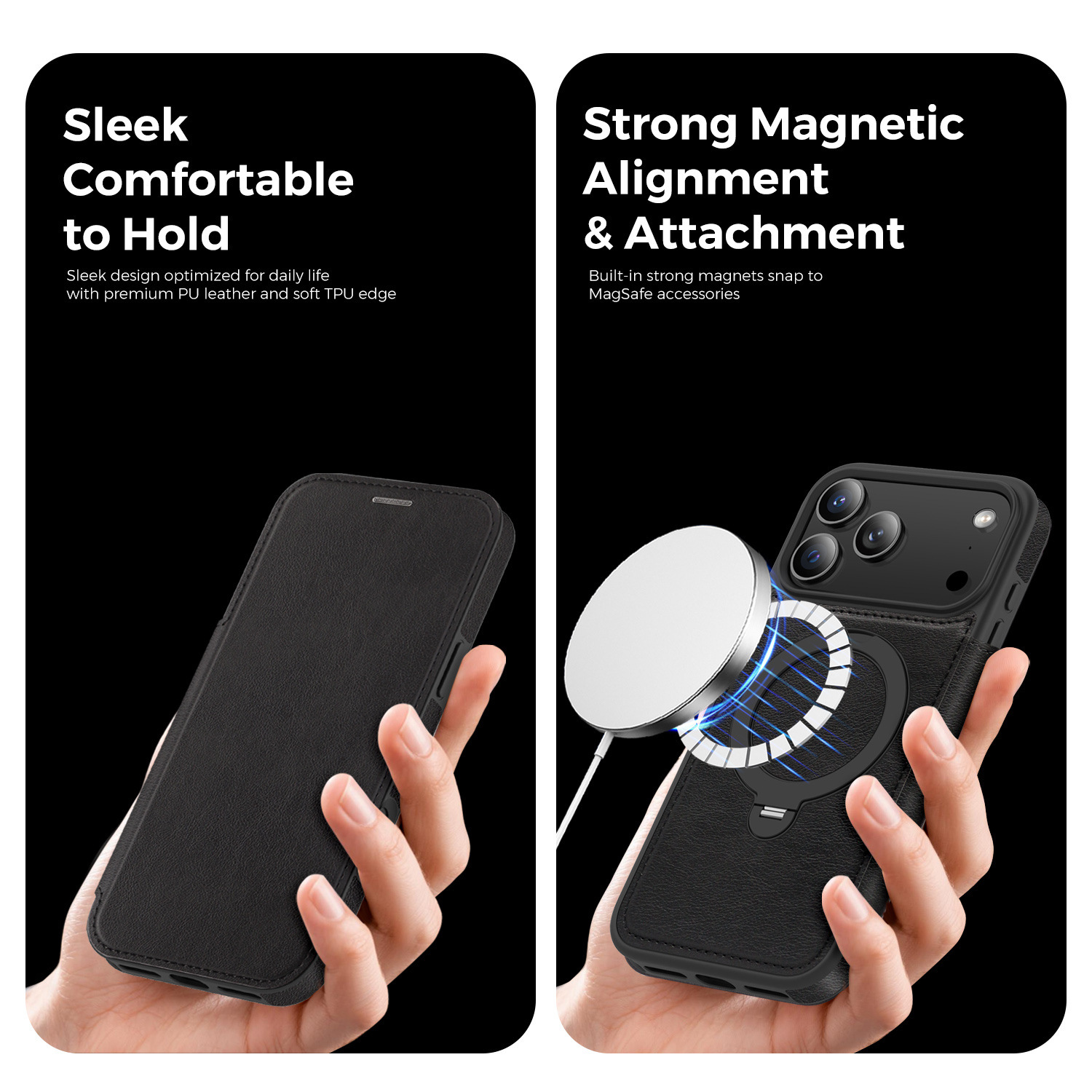 Ốp lưng da lật iPhone 16 Pro Max xoay 360 độ tích hợp giá đỡ từ tính — màu đen, màu xanh hoàng gia, Màu nâu, xám chi tiết 23