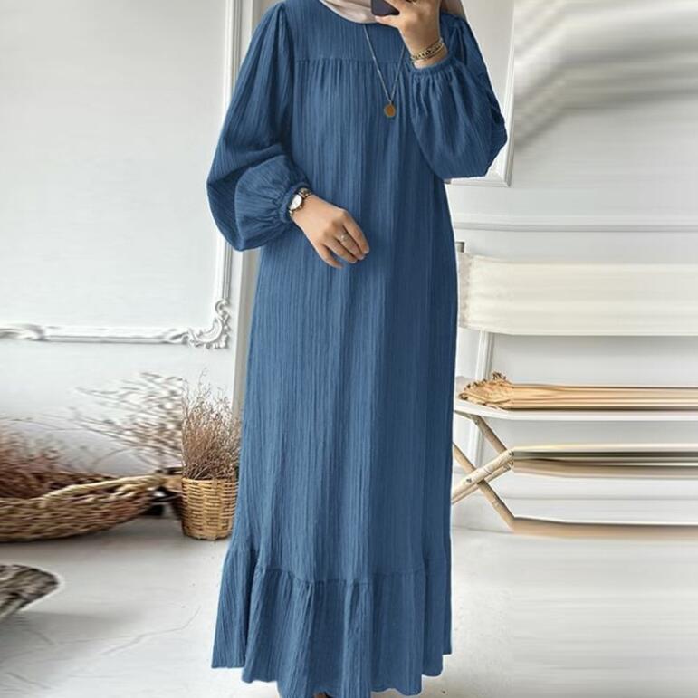 2024 Women's Robe Dress Spring and Autumn New Fashion Puff Sleeve Retro Pocket Ruffle Dress