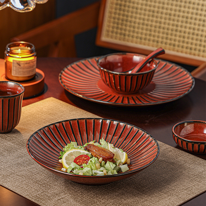 New Style Kiln-Turned-Red Tableware Series Underglaze Color Craft High-End Dish Plate Fruit Plate Bowl Spoon Cup Plate Set
