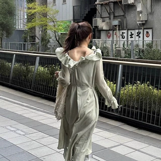 现货 荷叶边绑带连衣裙女2025夏法式高级感甜美休闲仙女裙flet*a
