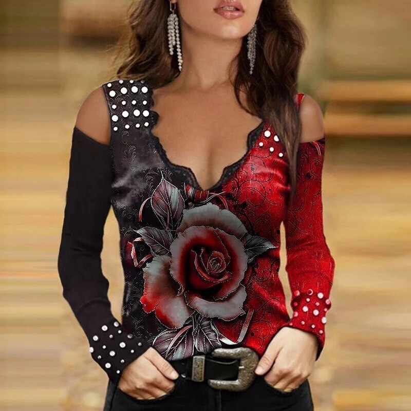 New style long-sleeved, sexy, printed V-neck lace off-shoulder T-shirt for export sales on Wish