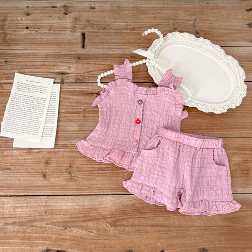 2023韩版女宝宝套装夏季新款婴幼儿洋气甜美无袖吊带上衣花边短裤