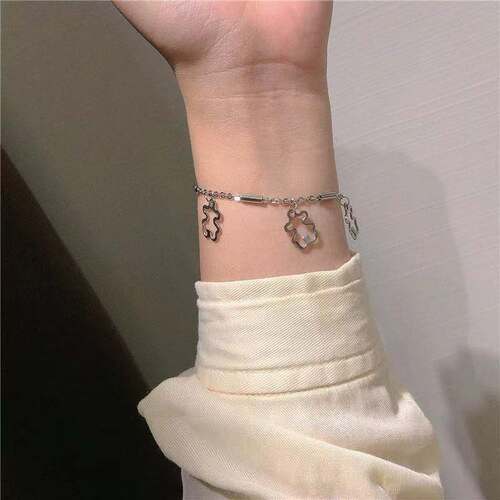 Bear Bracelet Double-layer Hollow Bead Pendant Couple Girl Cool Korean Stainless Steel Titanium Steel Bracelet Trendy