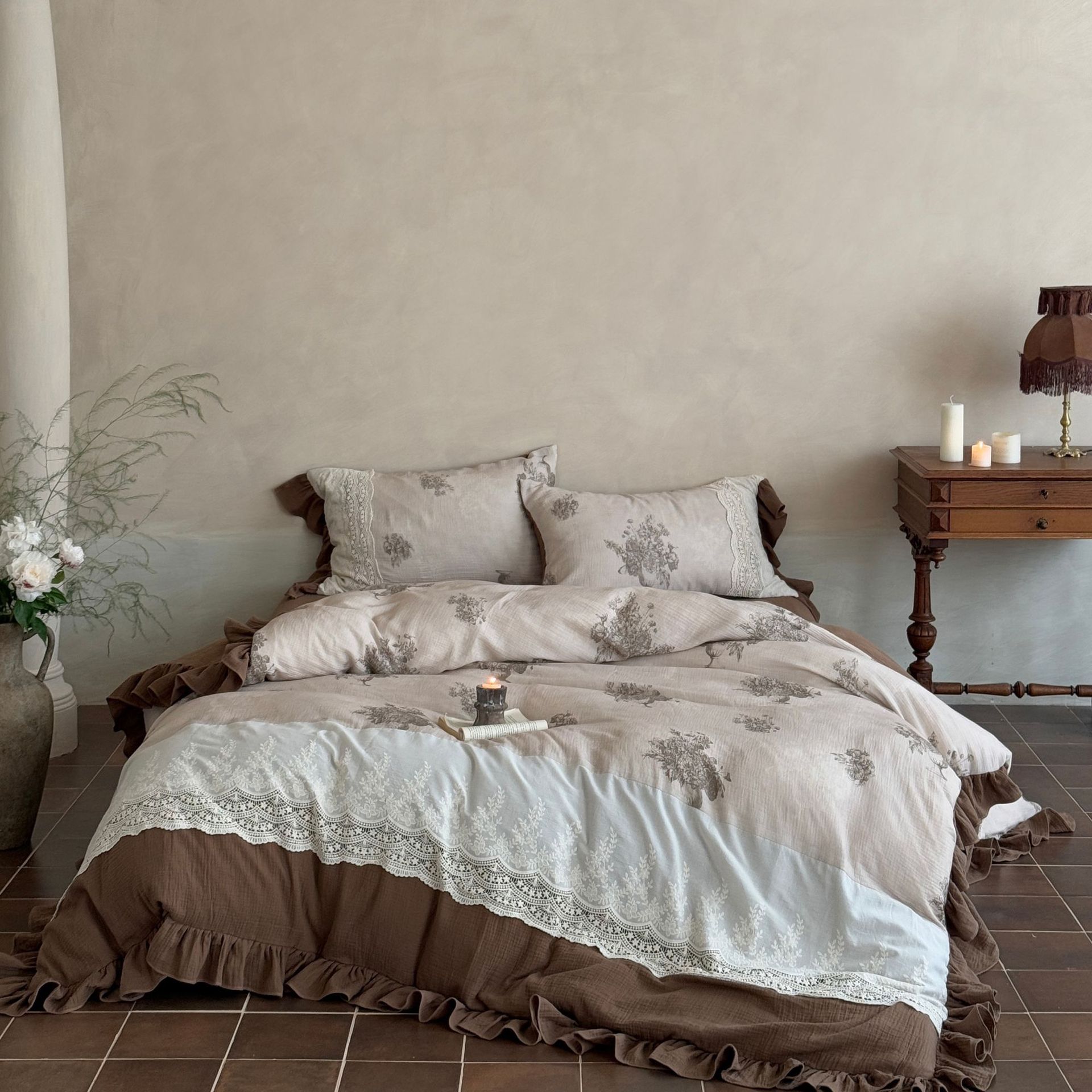 Conjunto de capa de edredão vintage boho francês em algodão e renda_voghion.com