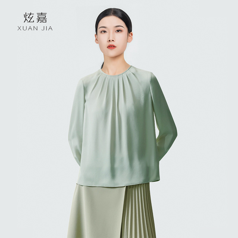 19 Mumi Silk Shirt Women's 2025 Spring and Summer New Style Double Joe Silk Simple Work Clothing Pleated Round Neck Long-Sleeved Top
