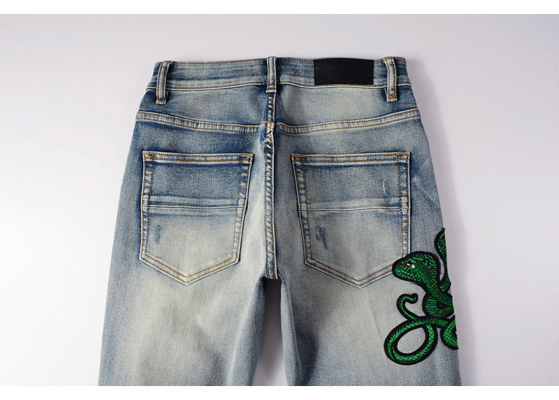 boy European And American High Street Fashion Ripped Jeans Vintage Washed Snake Embroidery Patch Hip Hop Skinny Pants Men's_viptrois.com