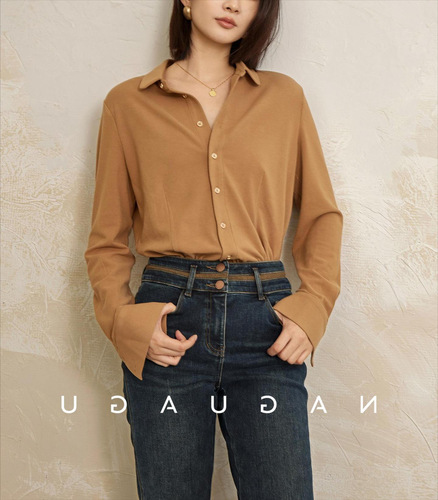 Simple commuter lapel long-sleeved shirt women's autumn and winter new fashion temperament high-end top loose layered shirt