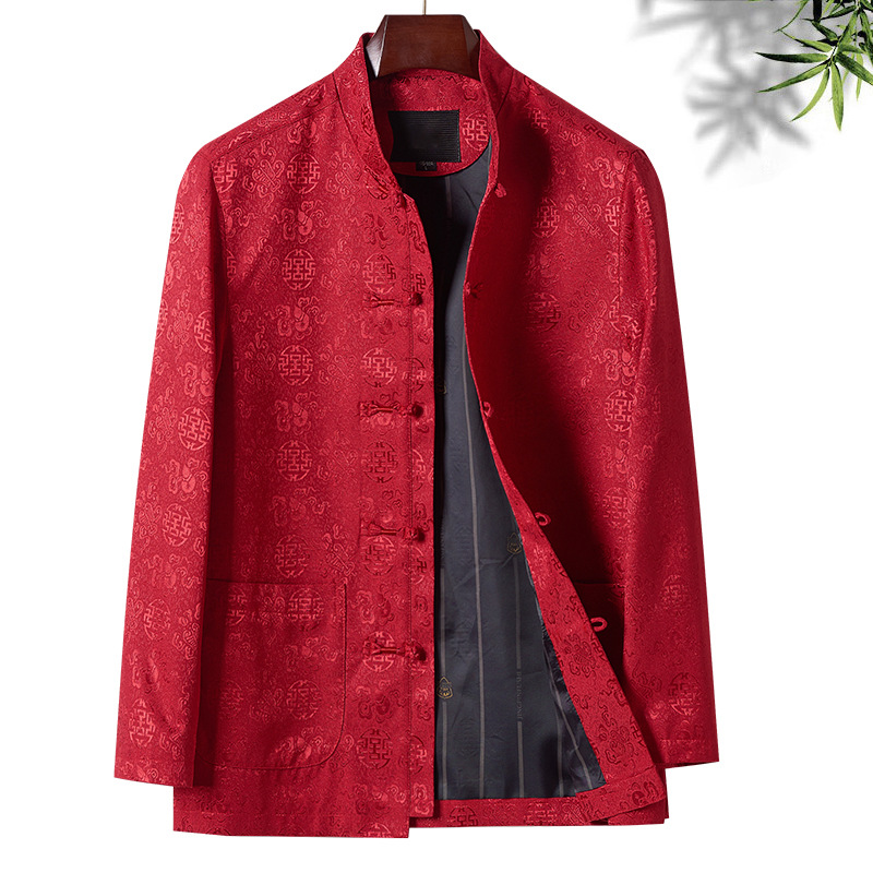 Spring and Autumn Tang-style Jacket for Fathers, Middle-aged and Elderly Outerwear with Stand Collar, Chinese Style, Grandfather's Birthday Attire, Chinese Hanfu