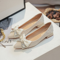尖頭單鞋女平底淺口春季2024新款氣質百搭粗跟瓢鞋小碼女鞋32-43