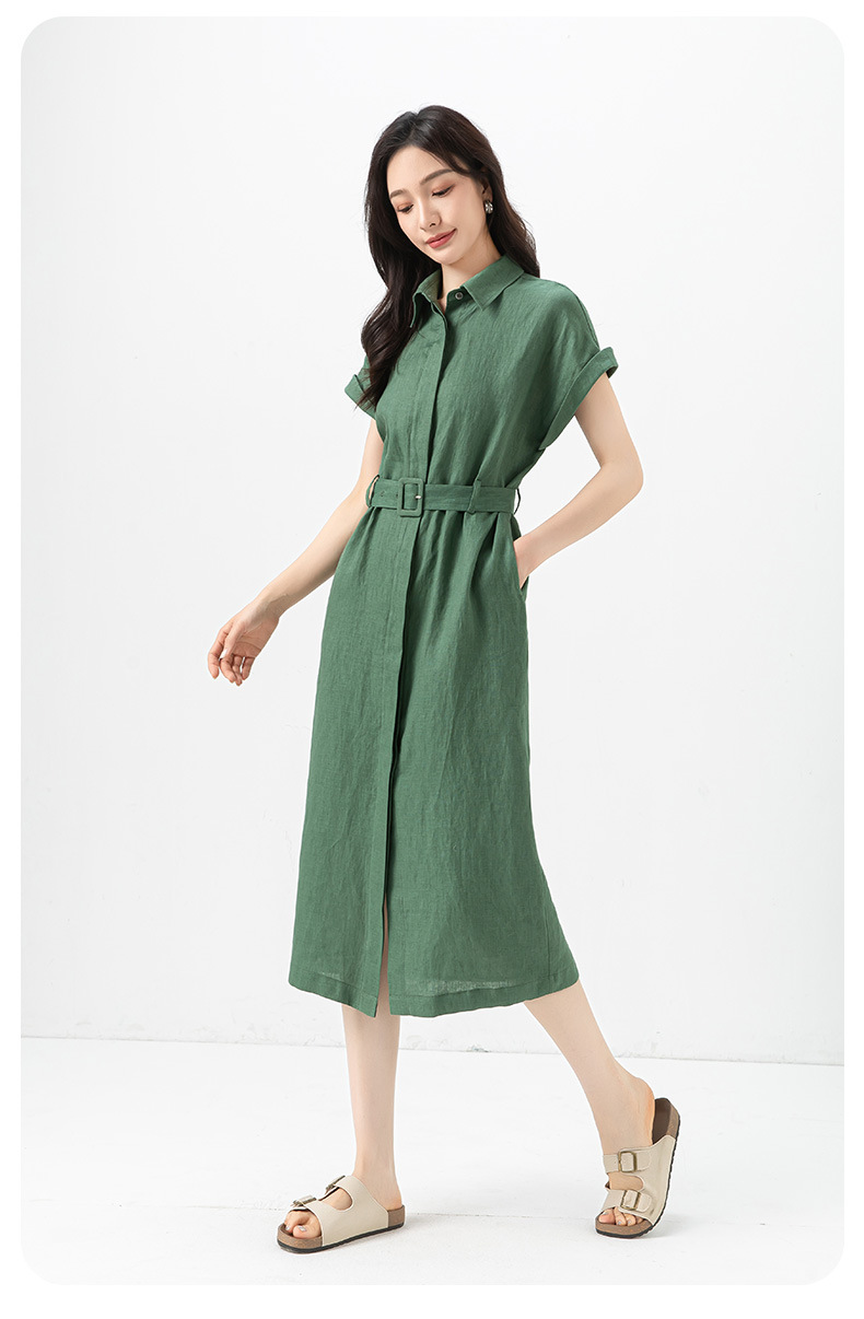 Đầm sơ mi nữ tay ngắn thắt eo chất liệu linen dáng dài — màu đen chi tiết 9