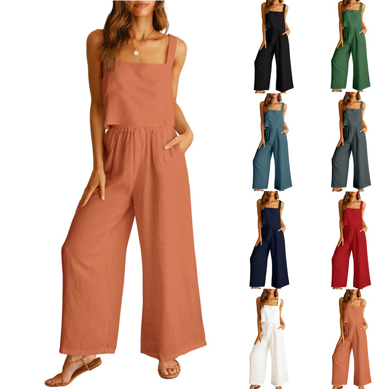 2024 Cross-Border Export Women's Clothing Amazon Square Neck Sleeveless Camisole Wide-Leg Pants Cotton Casual Suit