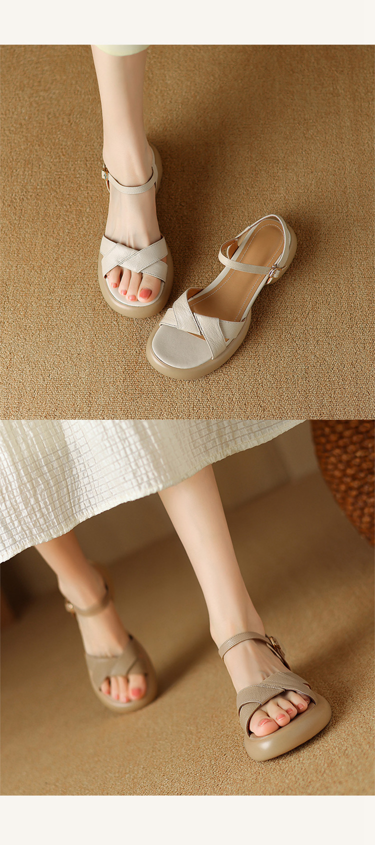 Sandal hở ngón da cừu gót thô đế dày quai ngang kiểu La Mã rỗng — Màu trắng be chi tiết 8