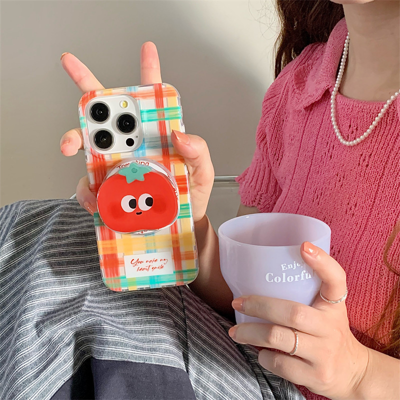 Ins divertido soporte magnético de tomate de dibujos animados para iPhone13 Apple 14ProMax funda para teléfono móvil 15P femenino 12