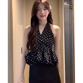 （打揽）法式气质波点印花挂脖露背对的背心辣妹百搭别致花苞上衣