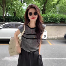 灰色条纹无袖T恤女夏季薄款小飞袖背心宽松无袖针织衫高级感上衣