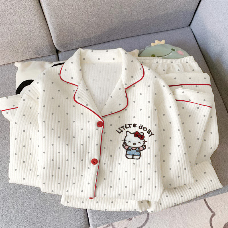헬로 키티 에어 코튼 파자마 여성의 겨울 두꺼운 샌드위치 일본 스타일 귀여운 웨이브 도트 학생 홈 의류 세트