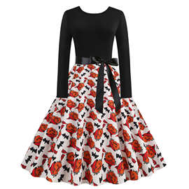 2022复古赫本风速卖通万圣节款数码印花拼接长袖大摆裙送腰带