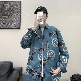 春秋潮牌ins复古痞帅花长袖衬衣男百搭宽松情侣衬衫嘻哈街头外套