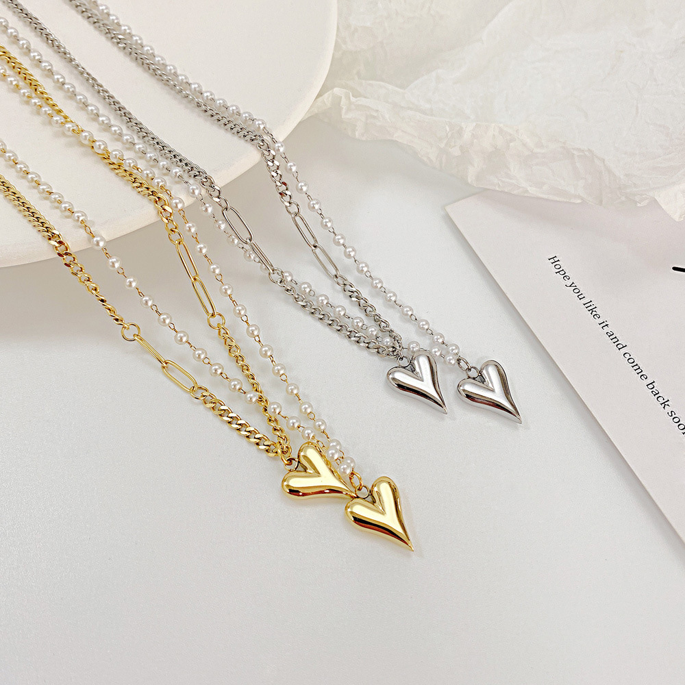 Fashion Style Gold, Silver Color Hip Hop Fashion Simple Double Heart New Titanium Steel Ladies Necklace