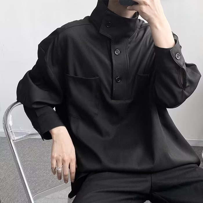 Half-high Collar Shirt Men's Feeling Ripper Handsome Long-sleeved Simple Light Luxury Style Design Sense Casual Shirt Niche Top Men's Autumn