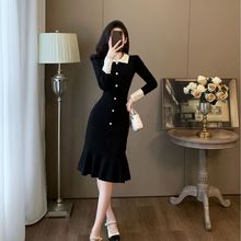 法式复古宫廷风针织连衣裙2025秋季女装气质收腰显瘦Polo领包臀裙