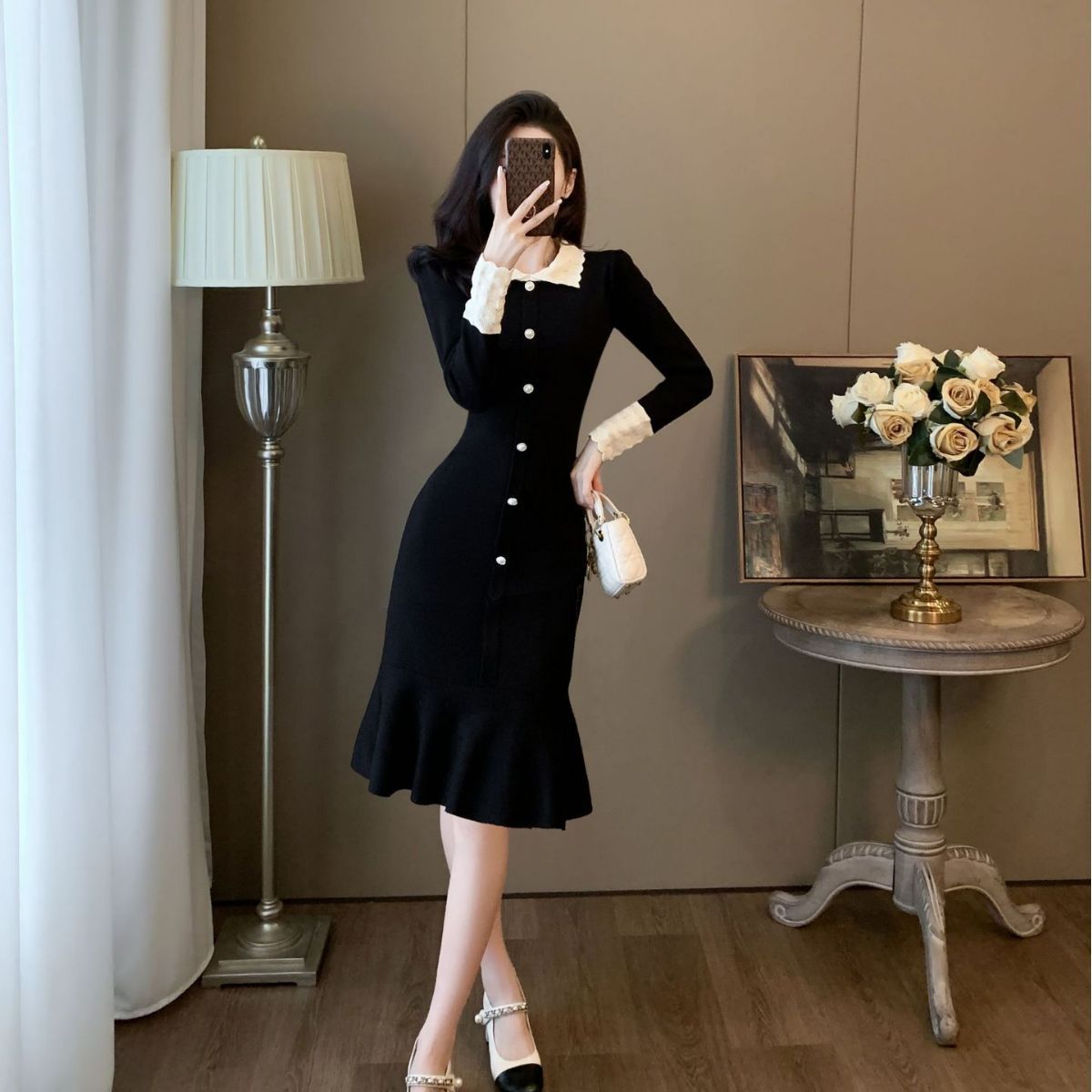 法式复古宫廷风针织连衣裙2025秋季女装气质收腰显瘦Polo领包臀裙