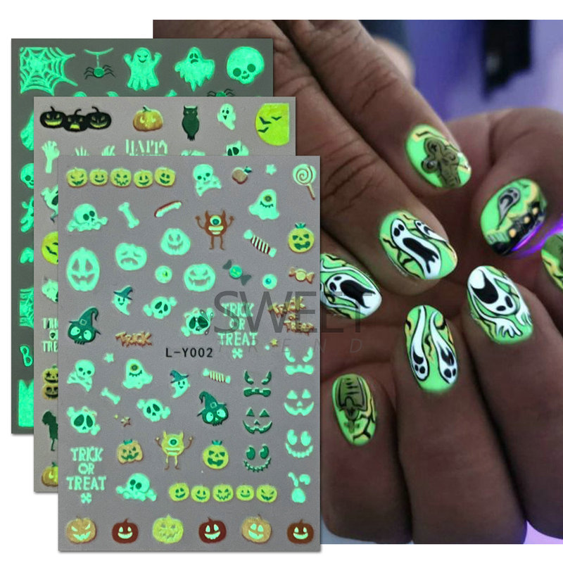 Cross-border luminous Halloween nail stickers wholesale ins cartoon skull pumpkin ghost funny nail stickers decals Cross-border luminous Halloween nail stickers wholesale ins cartoon skull pumpkin ghost funny nail stickers decals