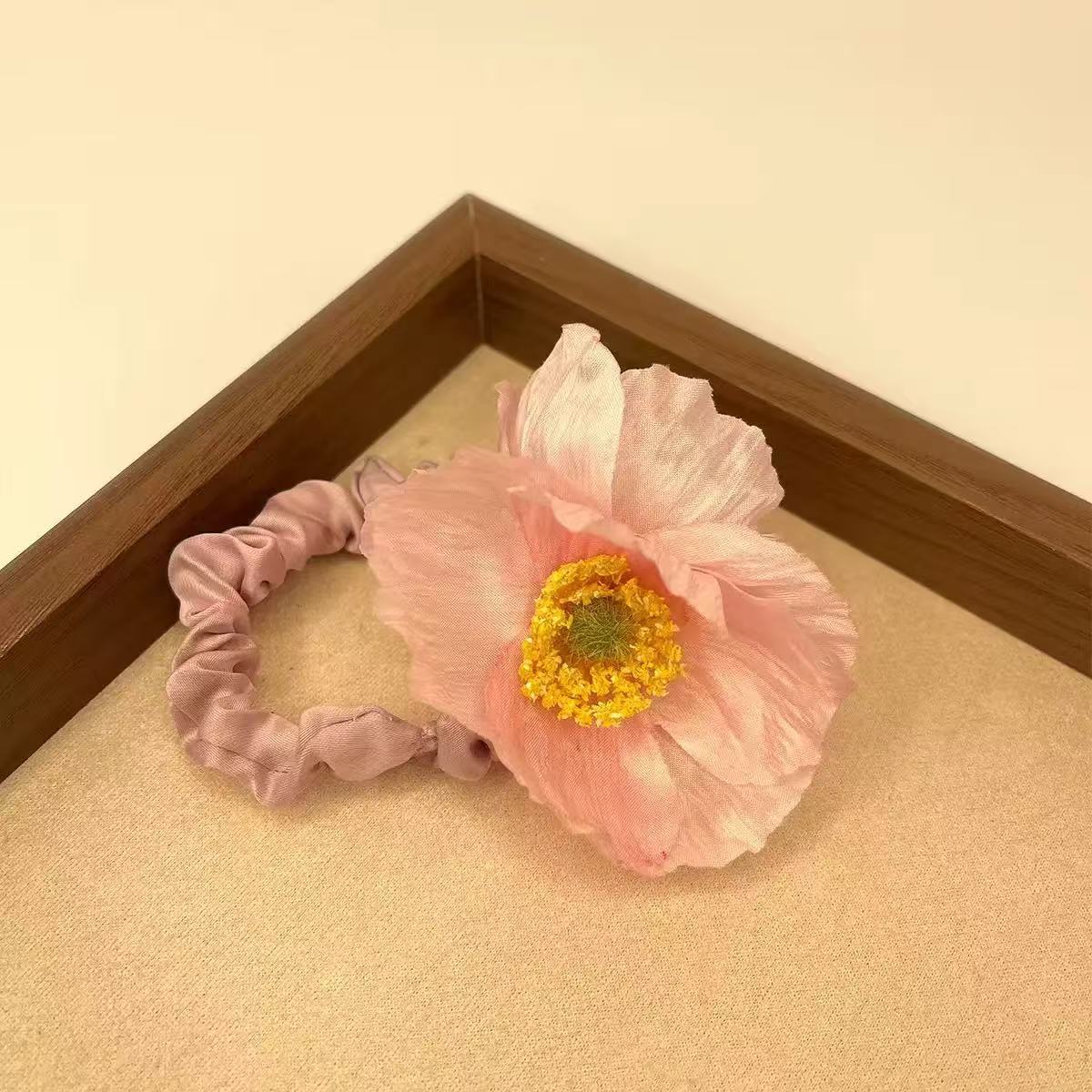仿真罂粟花朵发圈虞美人发绳淡黄色头花头绳女侧边麻花辫2025新款