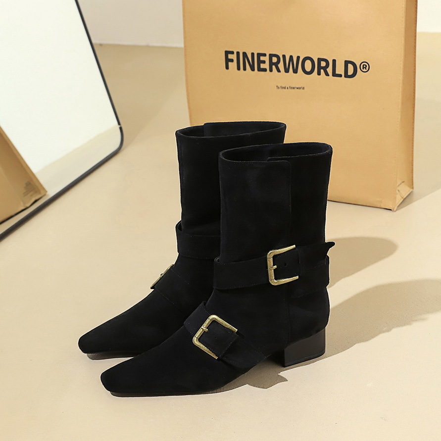 9625-1 Classic Retro Western Knight Boots Belt Buckle Thick Heel Square Head Suede Fashion Short Boots Medium Boots for Women