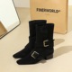 9625-1 Classic Retro Western Knight Boots Belt Buckle Thick Heel Square Head Suede Fashion Short Boots Medium Boots for Women