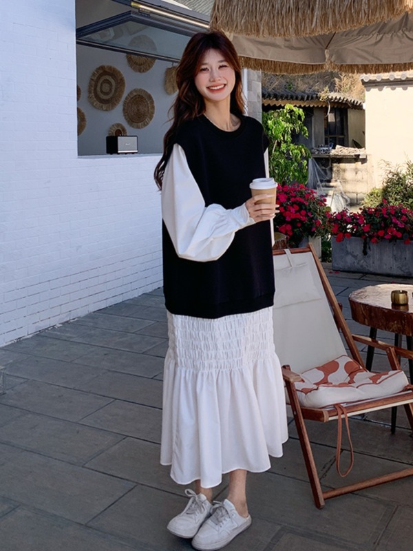 60215#法式复古假两件连衣裙女卫衣拼接秋季新款宽松显瘦气质长裙|undefined